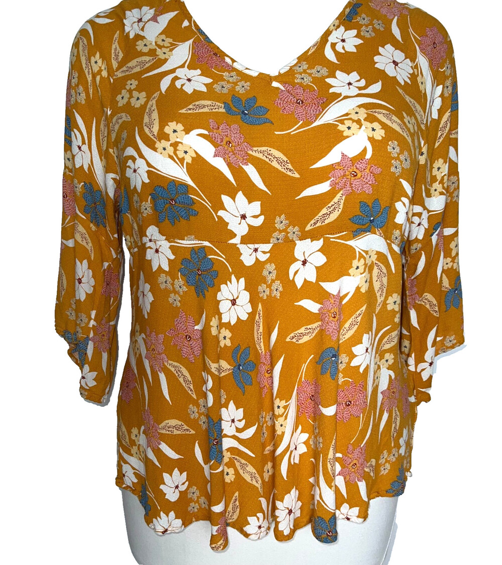 Rachel Zoe - Women's 1X Tunic Top Yellow, Pink Floral Print 3/4 Sleeve